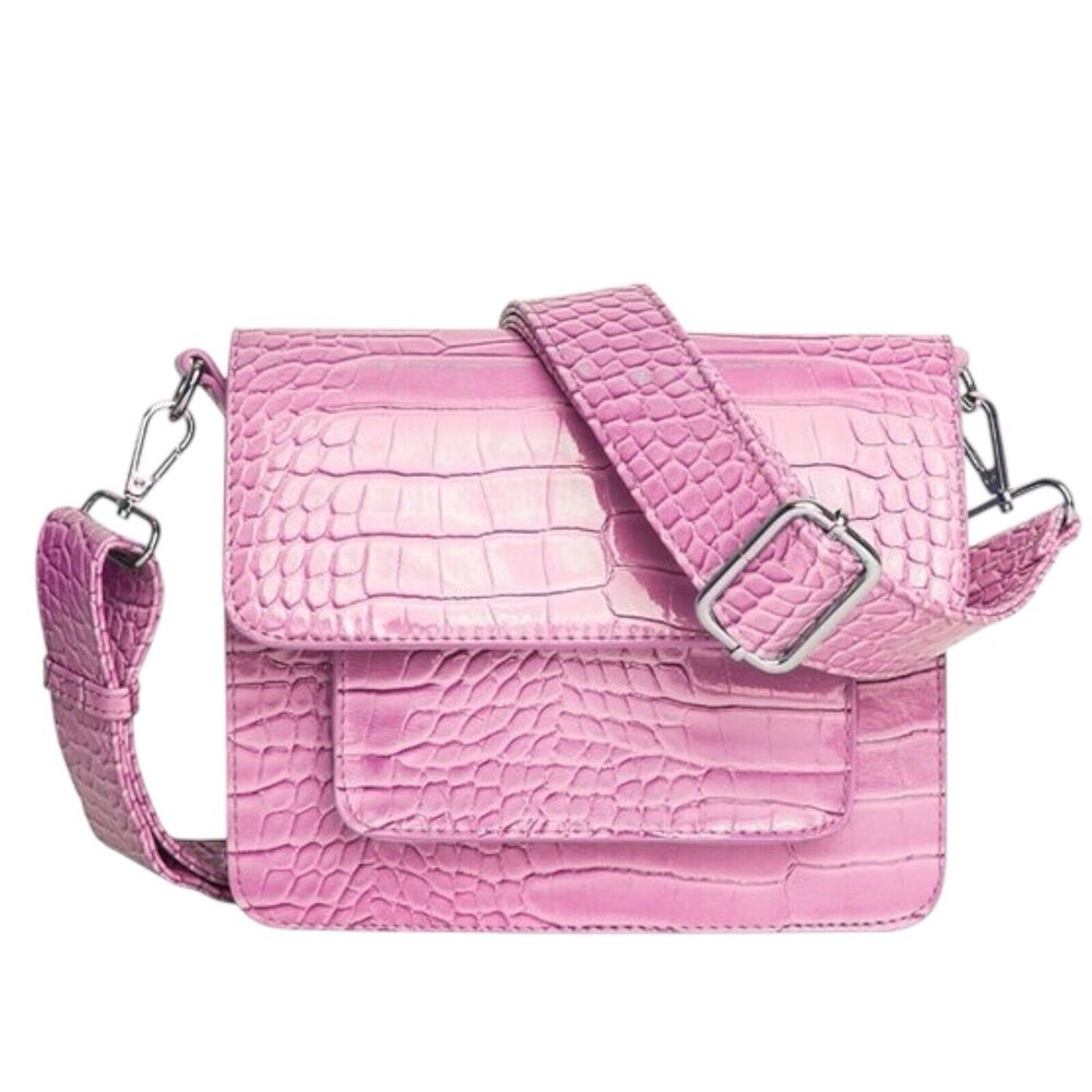 HVISK Pink Crocodile Embossed‎ Shoulder Bag Crossbody Purse Flap Handle Silver